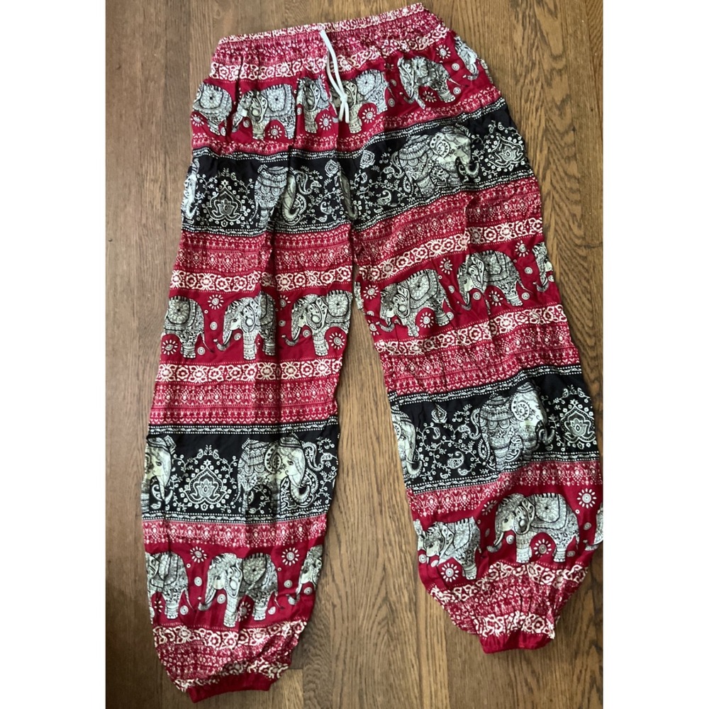 Boho Elephant Print Harem Pants Red Black Smocked Waist Yoga Joggers Womens